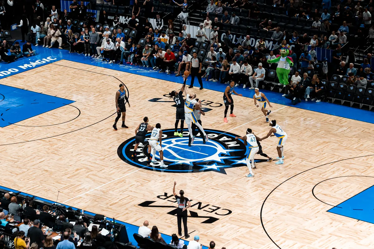 Tip-off at center court, seen from the upper level